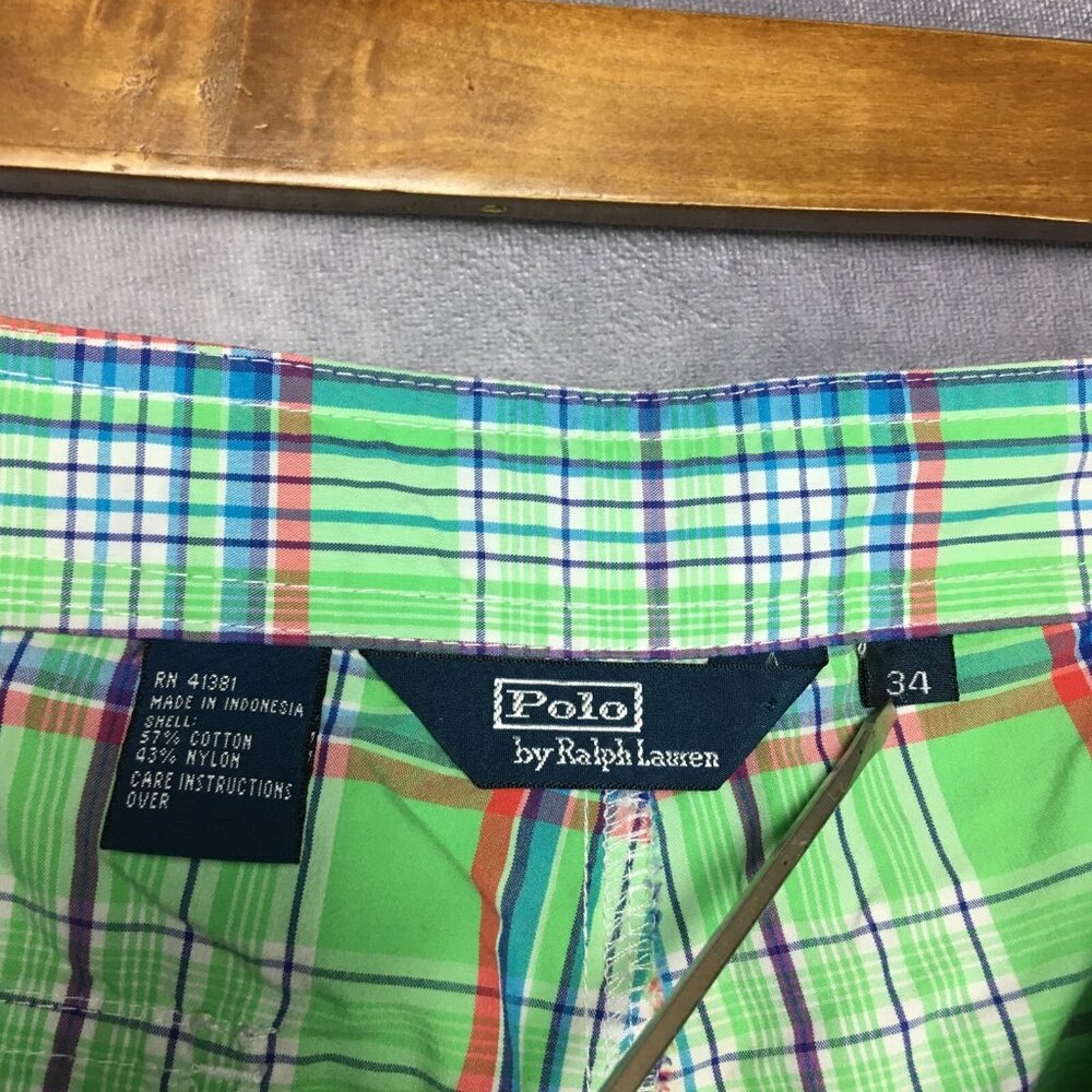 Polo RL Mens Plaid Swim Cargo Shorts size 34 Green Drawstring Cotton Nylon - Picture 3 of 16